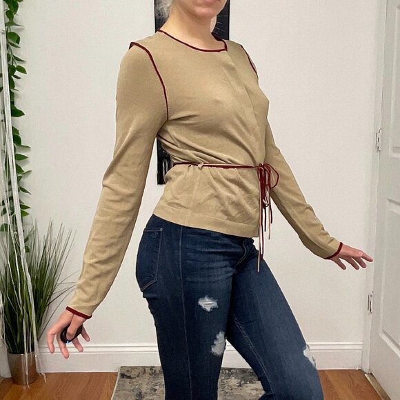 White + Warren Crew Neck Button-Up Cardigan Sweater Tie-Waist Size S Tan - Picture 12 of 15